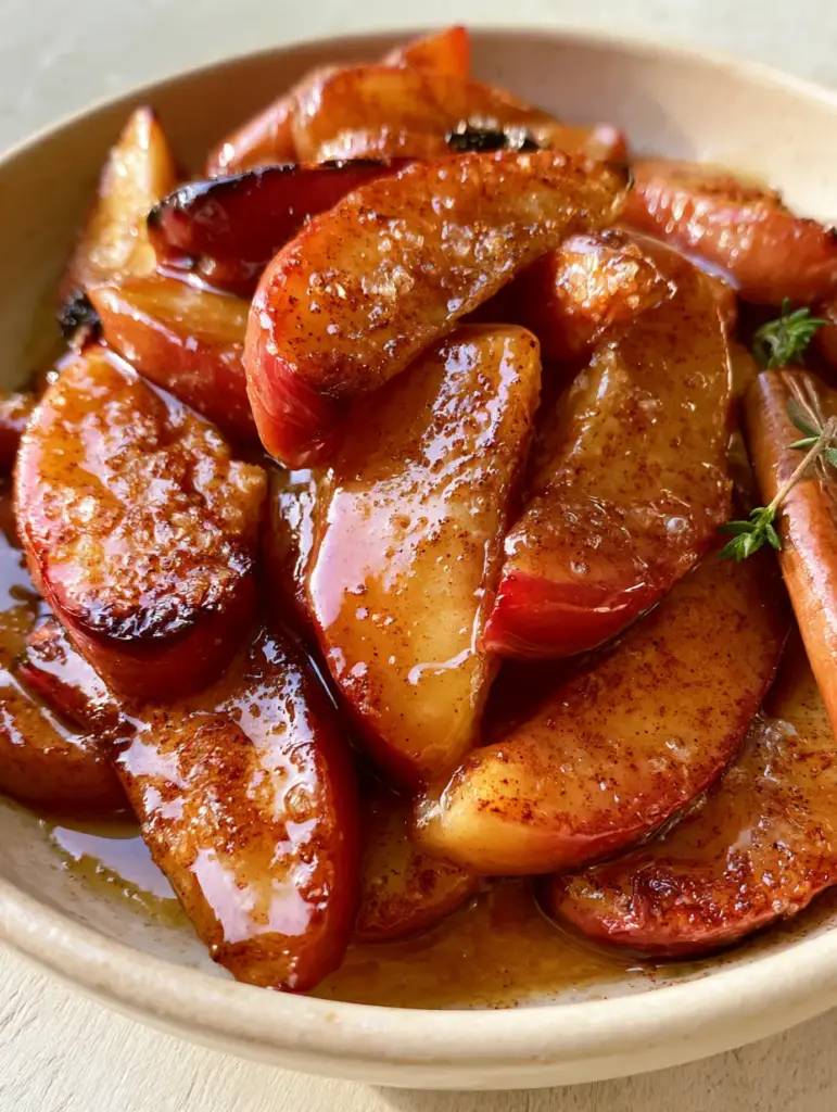 Caramelized charred edges on a Baked Cinnamon Apple Slices recipe served in a rustic cream ceramic bowl.