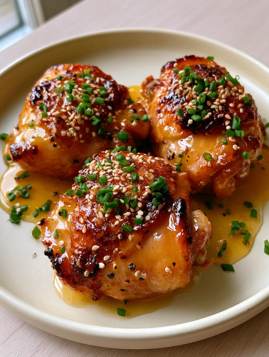 Handheld smartphone photo of juicy roasted chicken thighs with deep mahogany skin and sesame seeds. (easy 4 ingredient recipe)