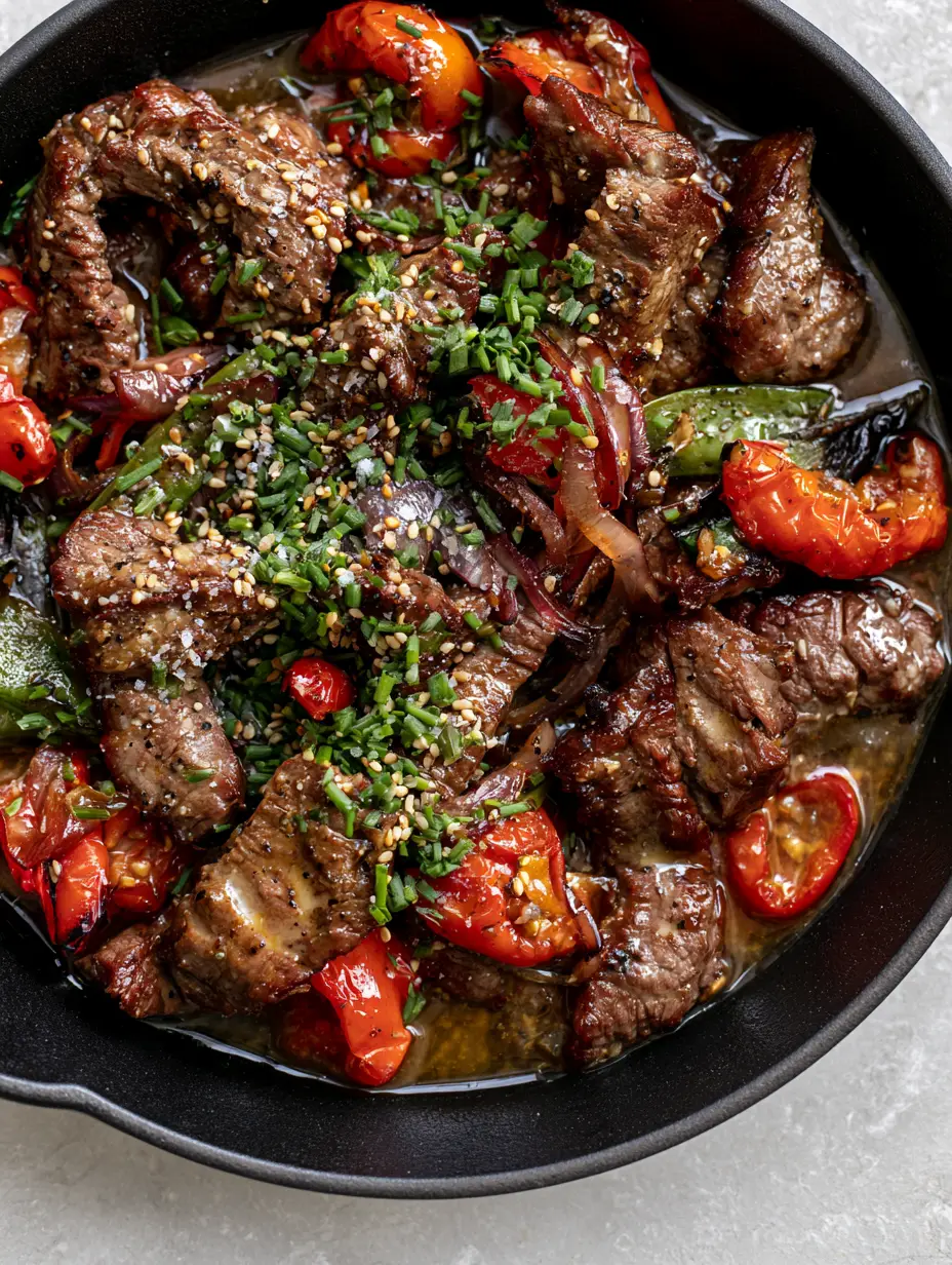 Easy recipe for Garlic Butter Steak Bites with Blistered Peppers 4 Close up of seared beef bites with glistening butter sauce and sesame seeds in a skillet. (easy recipe)