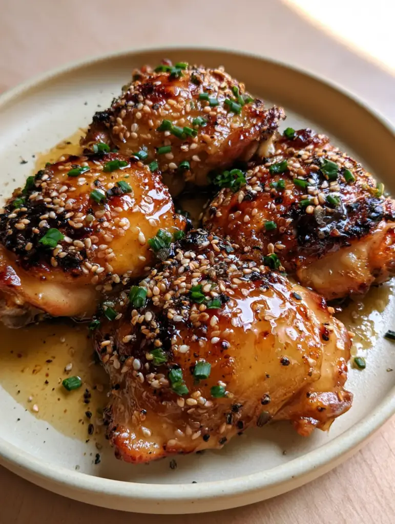 Close-up of translucent golden-amber honey garlic glaze on roasted chicken skin with chives.
