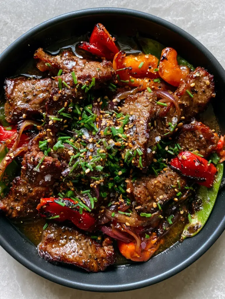 Easy recipe for Garlic Butter Steak Bites with Blistered Peppers 1 Visual of blistered red and yellow mini peppers and charred snap peas with steak bites.