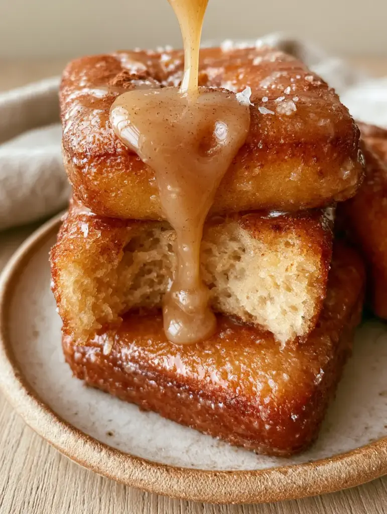 Vertical shot of thick opaque amber-tan maple glaze dripping down a golden-brown donut bar. (maple donut bars)