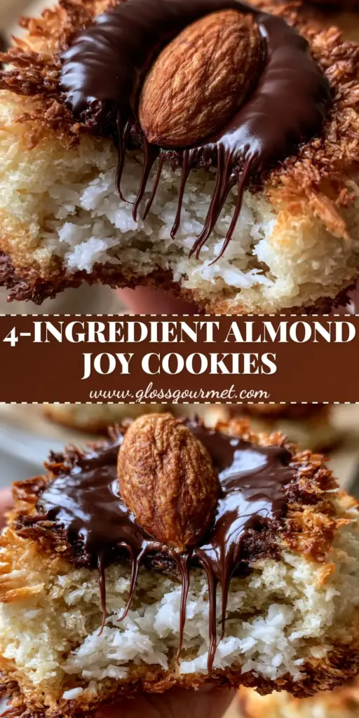 A stack of thick Almond Joy Cookies with a whole roasted almond and glossy chocolate drizzle. (Almond Joy Cookies)