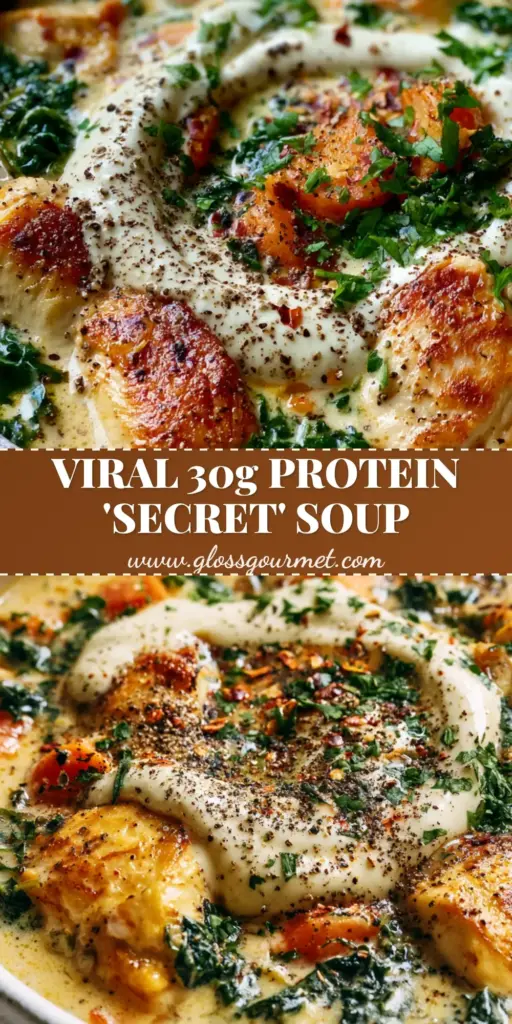 A rustic bowl of high protein soups featuring golden chicken, kale, and a creamy broth with a Greek yogurt swirl.