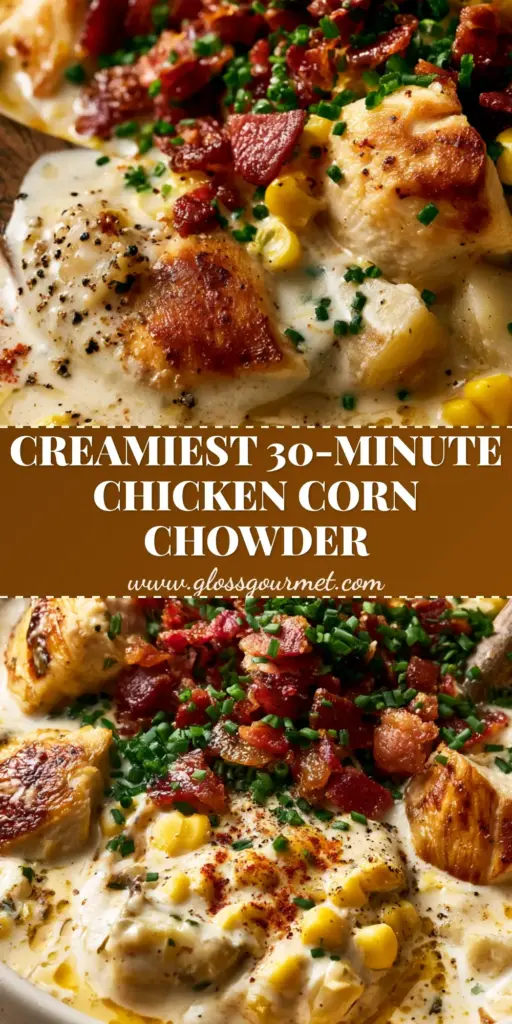 A rustic bowl of thick chicken corn chowder topped with crispy bacon and fresh chives. (chicken corn chowder)