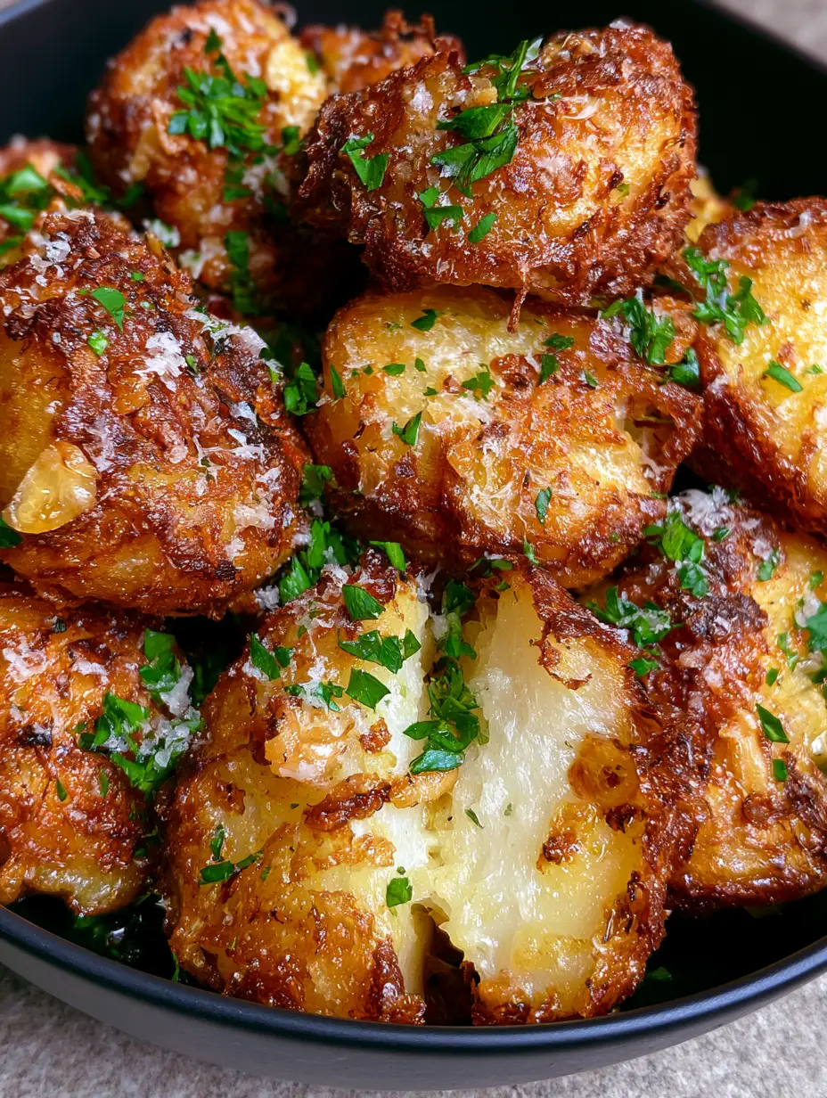 Extreme close-up of craggy, golden-brown crispy potato bites with visible garlic and parmesan snowing. (crispy potato bites)