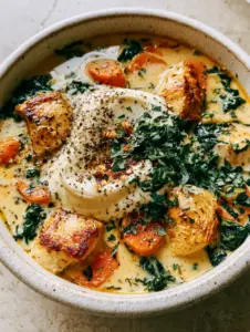 Close-up of seared chicken breast and wilted kale in a high protein soup broth.