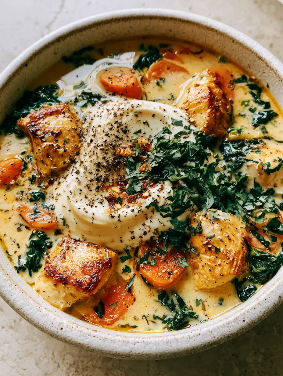 Close-up of seared chicken breast and wilted kale in a high protein soup broth.