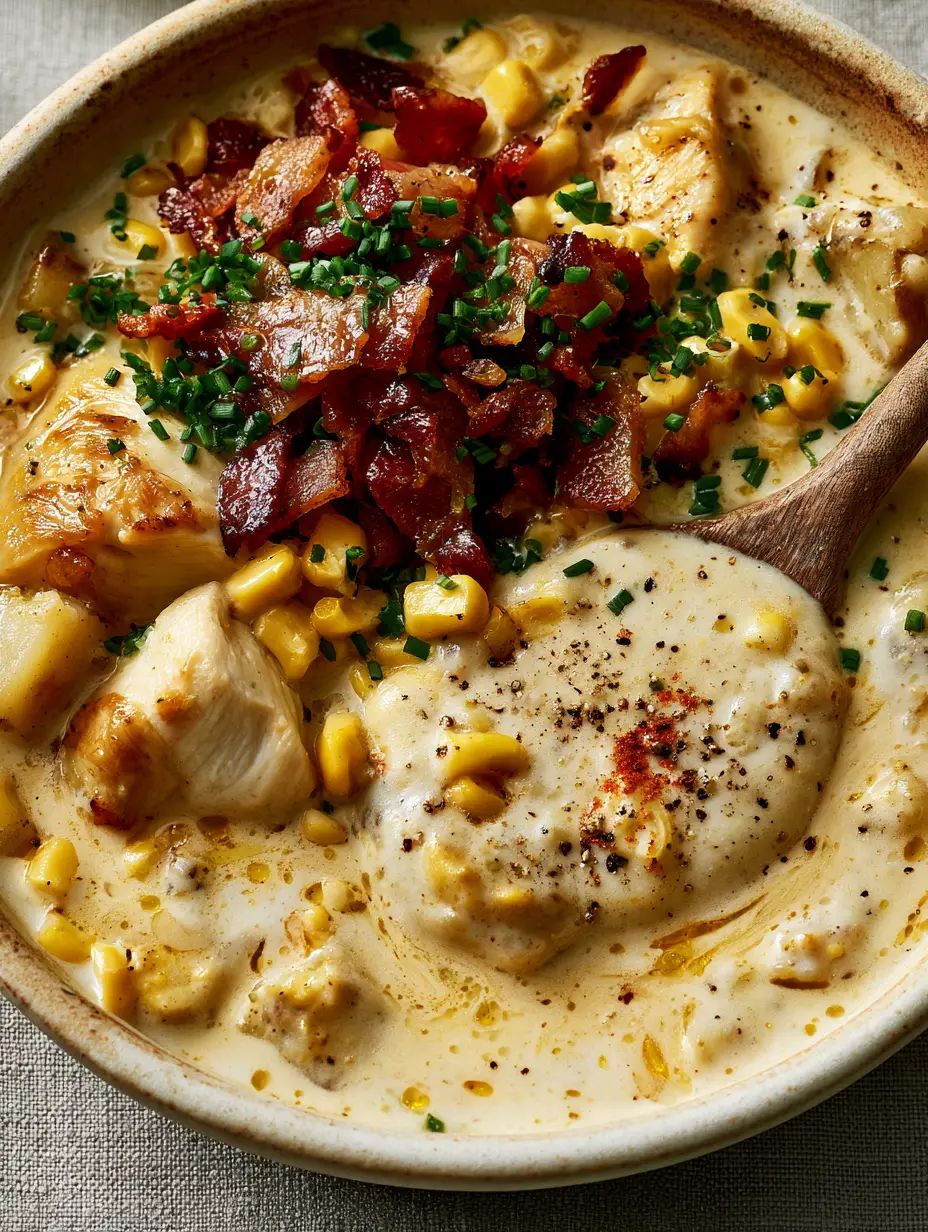 Extreme close-up of velvety chicken corn chowder with heavy cream swirls and golden-seared chicken chunks. (chicken corn chowder)