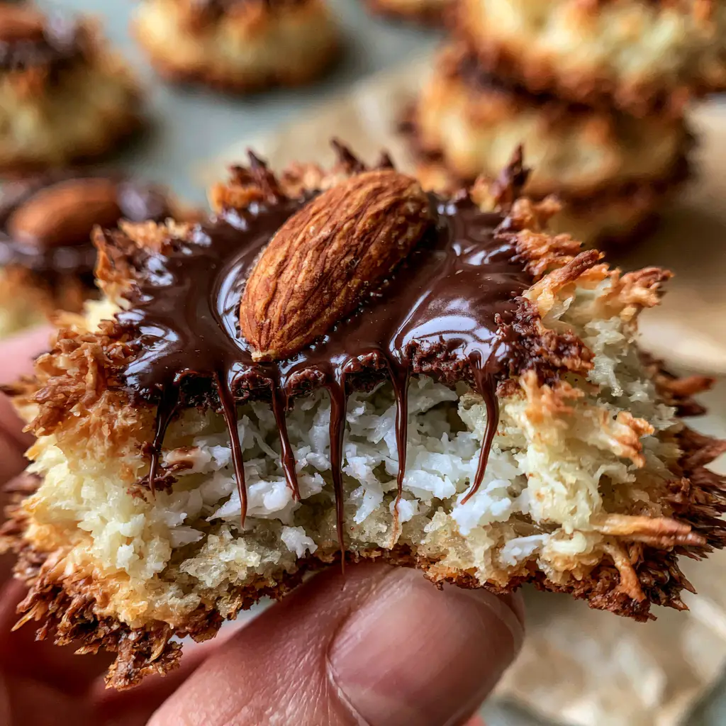 Close-up of a hand holding an Almond Joy Cookie featuring a glossy chocolate pool and whole almond. (Almond Joy Cookies)