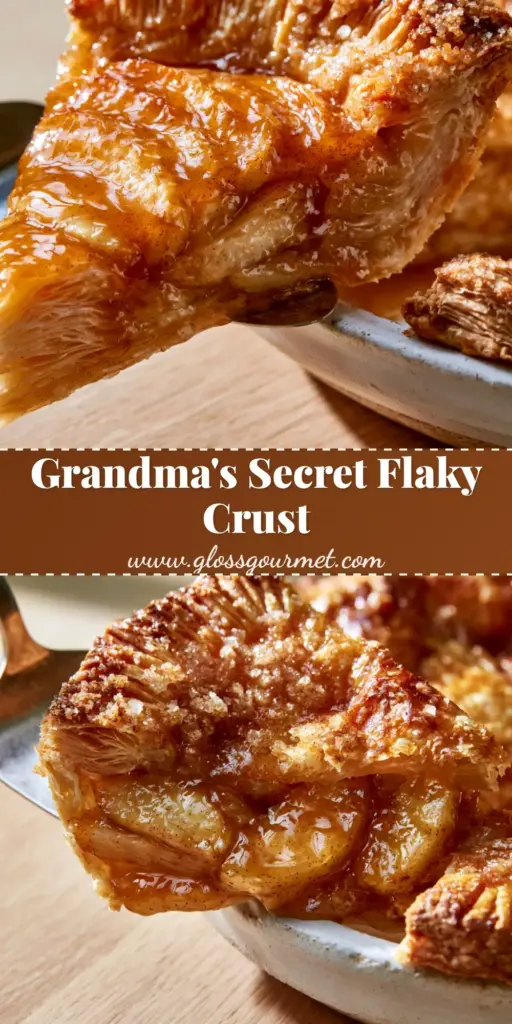 A vertical shot of a perfect apple pie slice with a bubbling amber caramel glaze. (Grandma's best pie recipes)