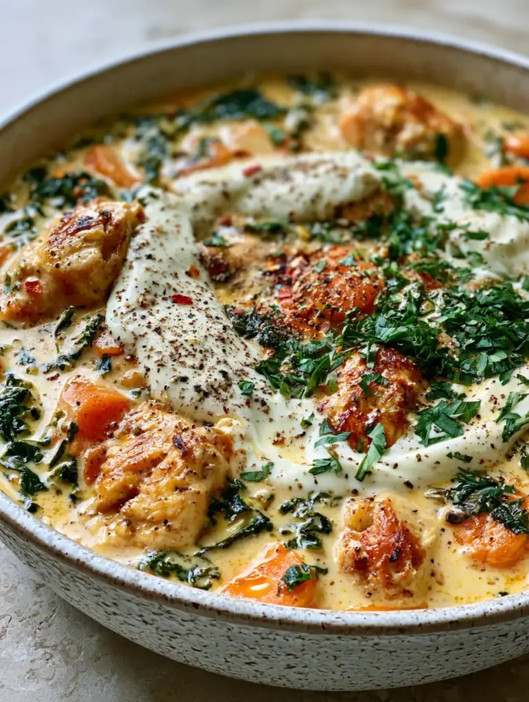 A wide 45-degree shot of high protein soups served in a white ceramic bowl on a stone countertop.