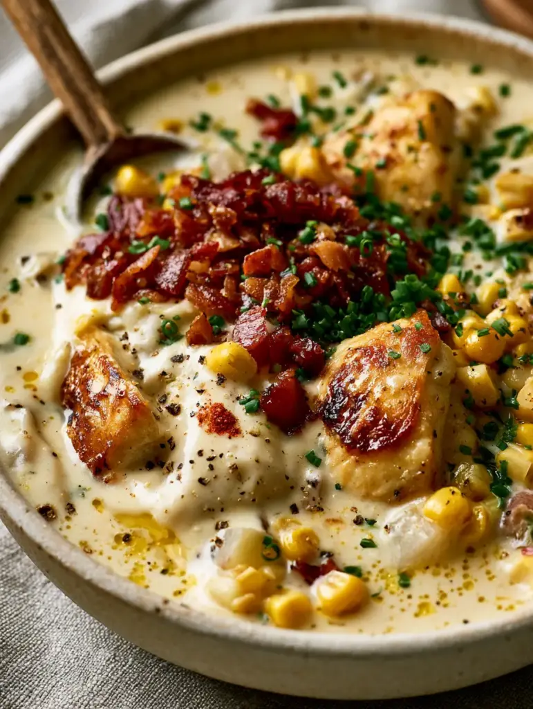 A spoonful of hearty chicken corn chowder showing its viscous consistency and crispy bacon bits.