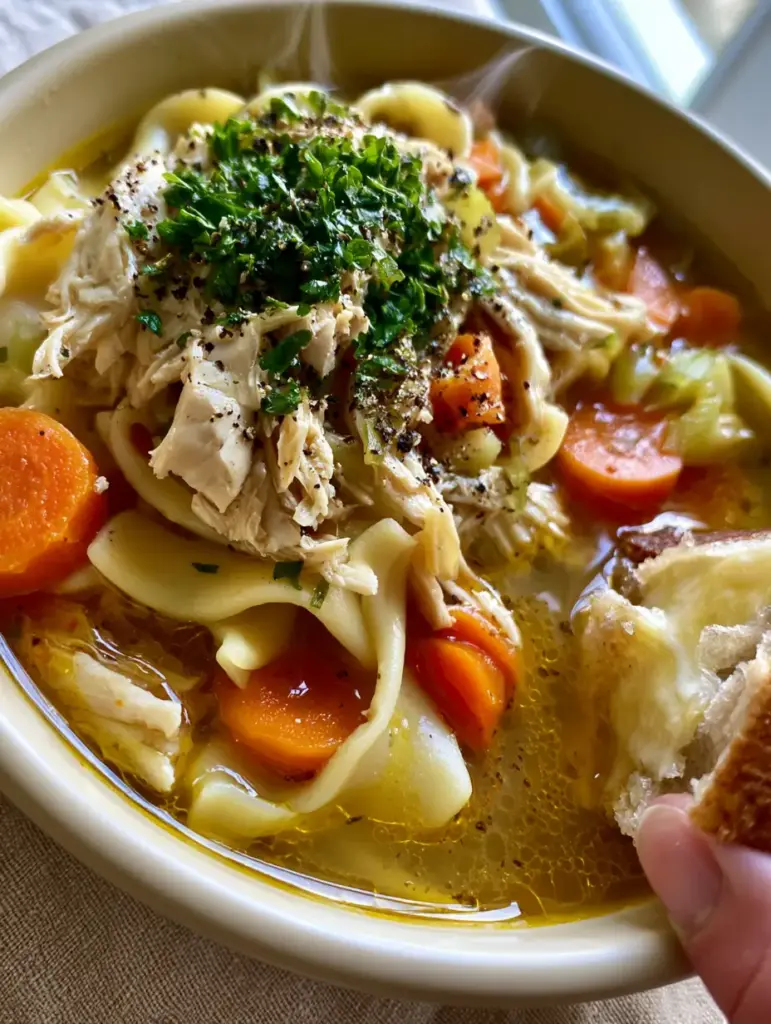 A hand dipping buttered sourdough bread into a bowl of Instant Pot Chicken Noodle Soup with wavy noodles and orange carrots.
