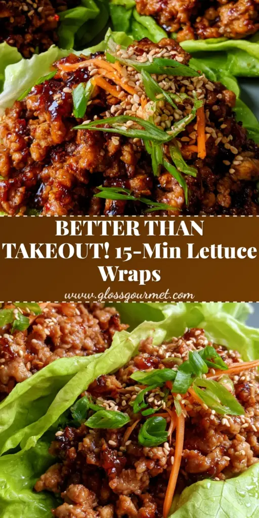 A close-up vertical shot of three vibrant green butter lettuce cups filled with seared ground turkey in a glossy amber glaze, topped with carrots and sesame seeds. (ground turkey lettuce wraps)