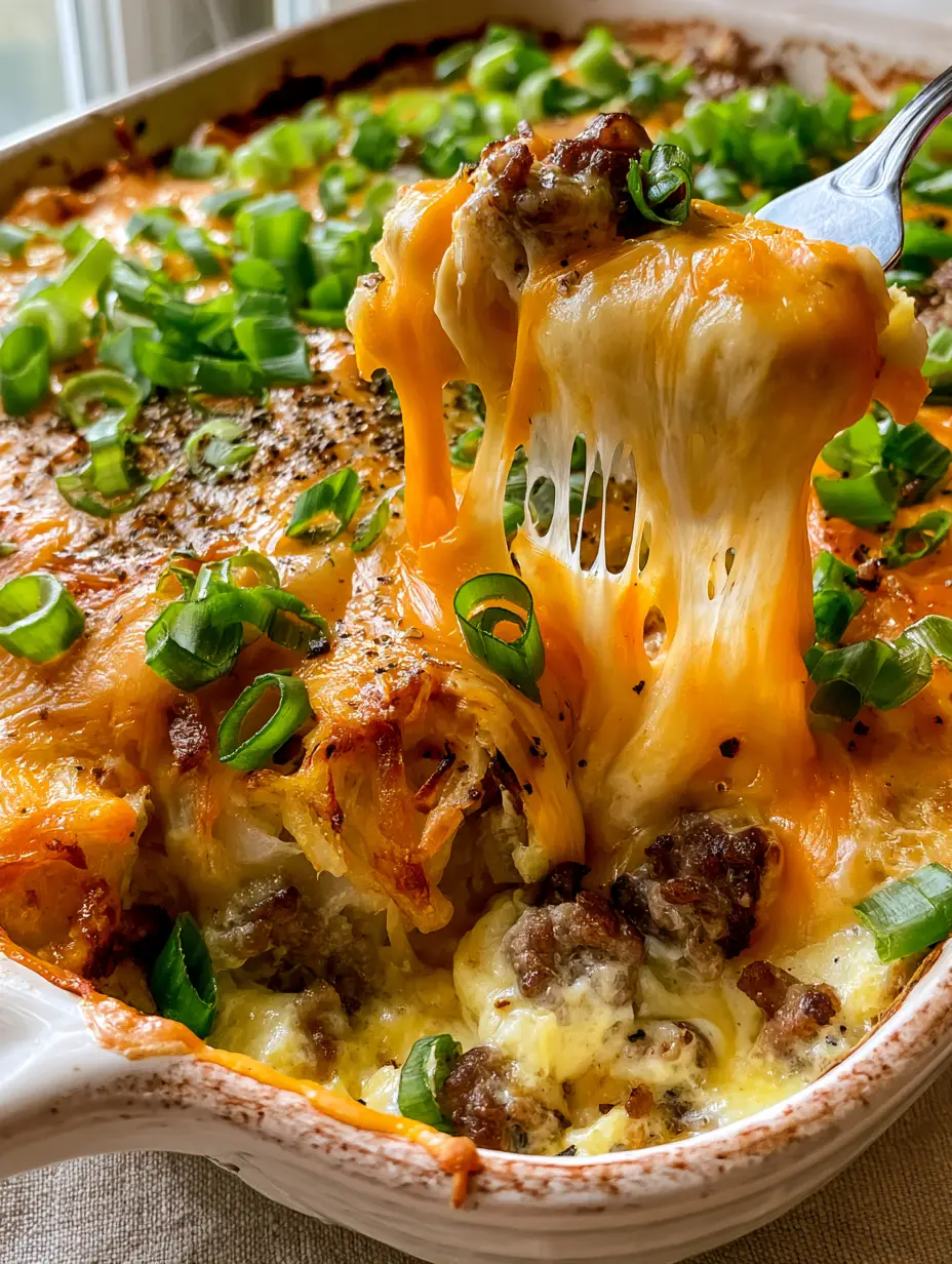 A bubbling Breakfast Hashbrown Casserole in a rustic white dish featuring a toasted sharp cheddar cheese crust and green scallions.