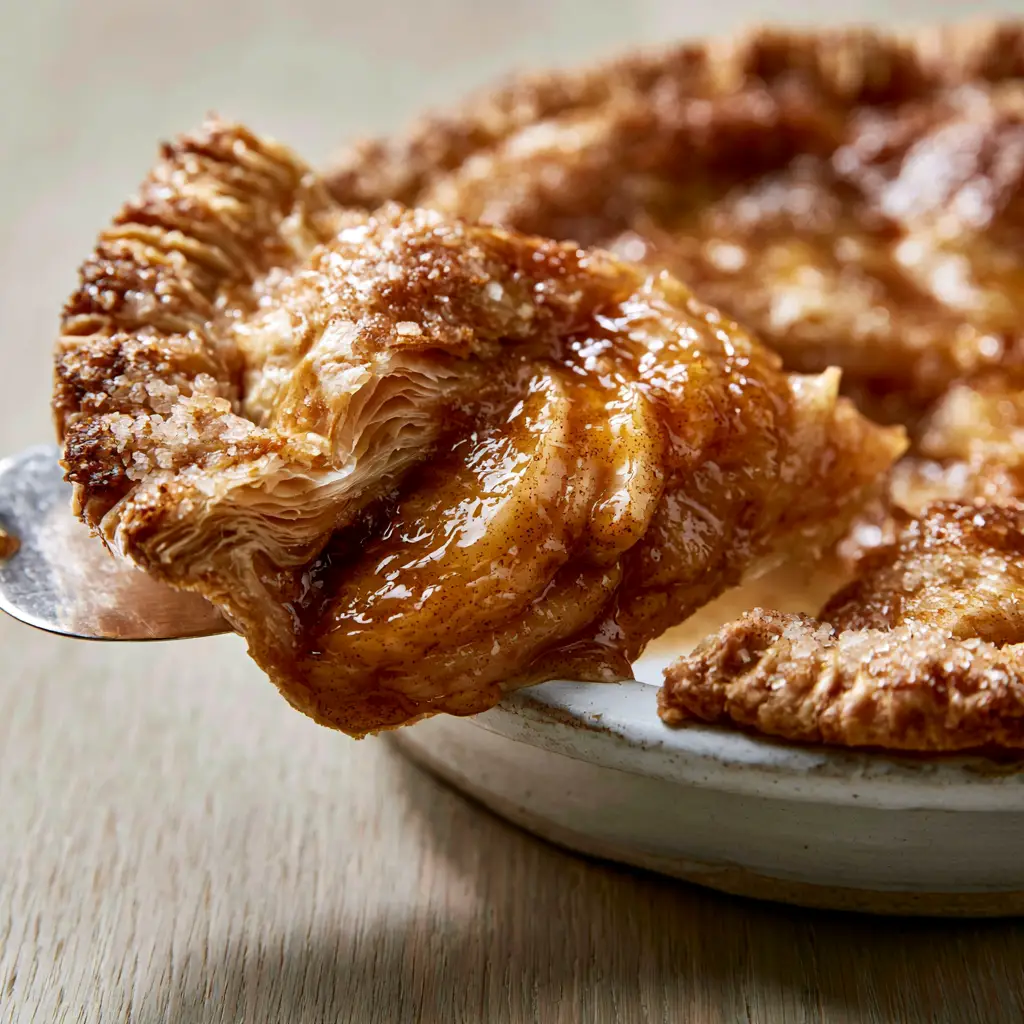 Close up of caramelized apple slices in a thick amber cinnamon glaze inside a golden crust.