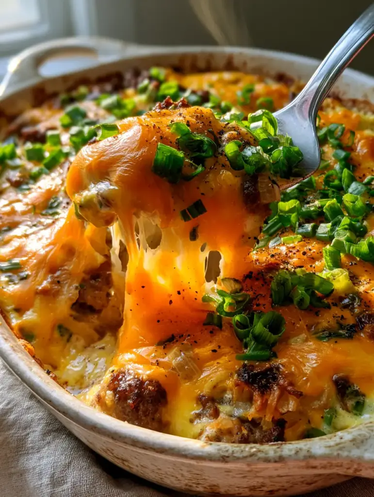 Overhead view of a Breakfast Hashbrown Casserole garnished with fresh scallions and coarse black pepper in natural morning light.