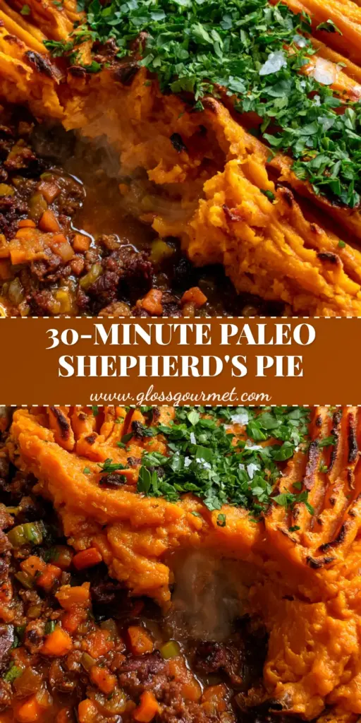 A close-up shot of Paleo sweet potato shepherd's pie in a white ceramic dish with a scoop removed to show the savory beef and orange potato layers.