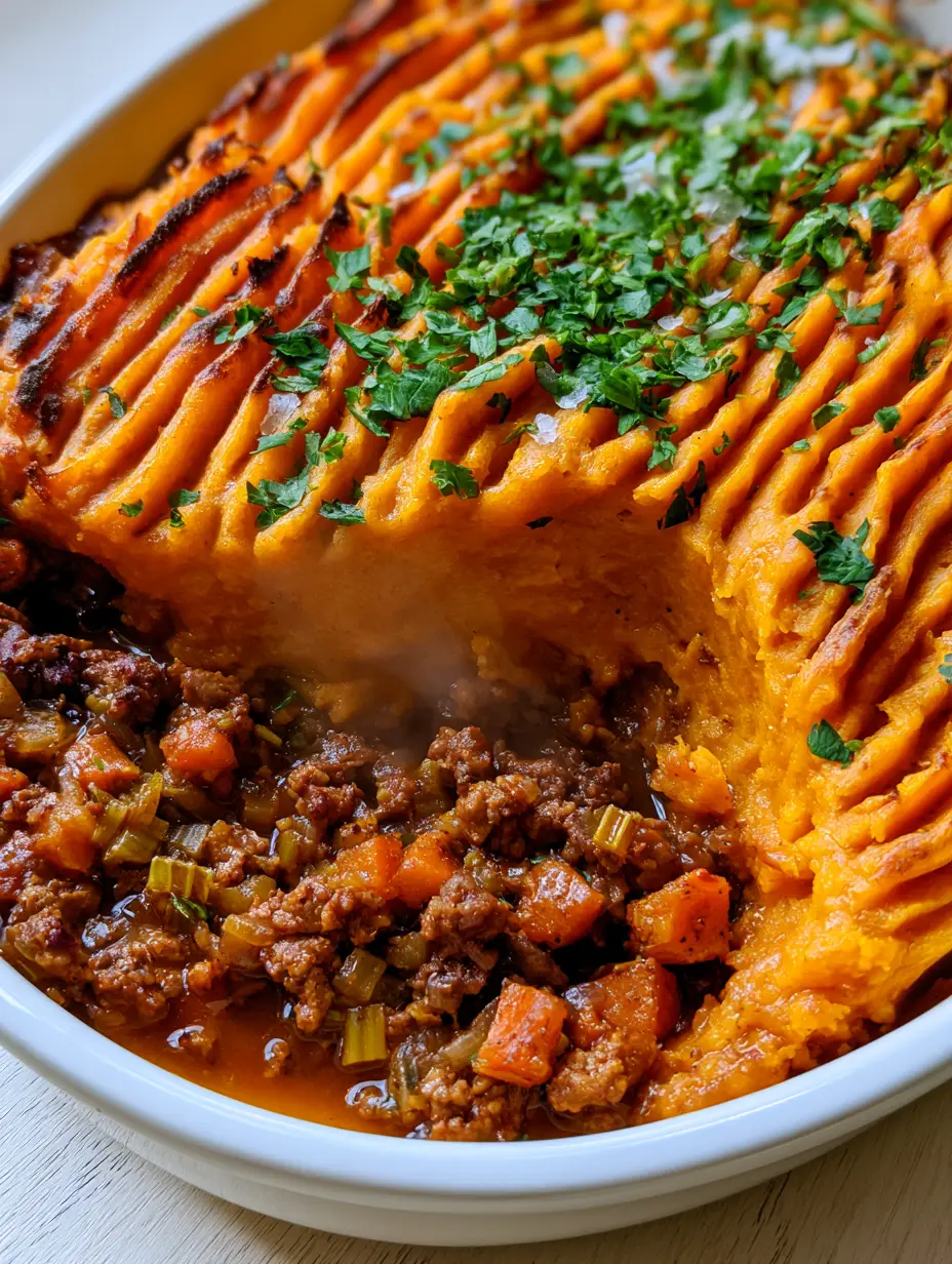 Top-down view of Paleo sweet potato shepherd's pie showing the vibrant orange mash and fresh parsley garnish.