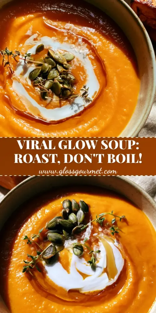Top-down view of Maple Roasted Sweet Potato Carrot Soup in a ceramic bowl with a coconut milk swirl, maple drizzle, and roasted vegetable garnishes.