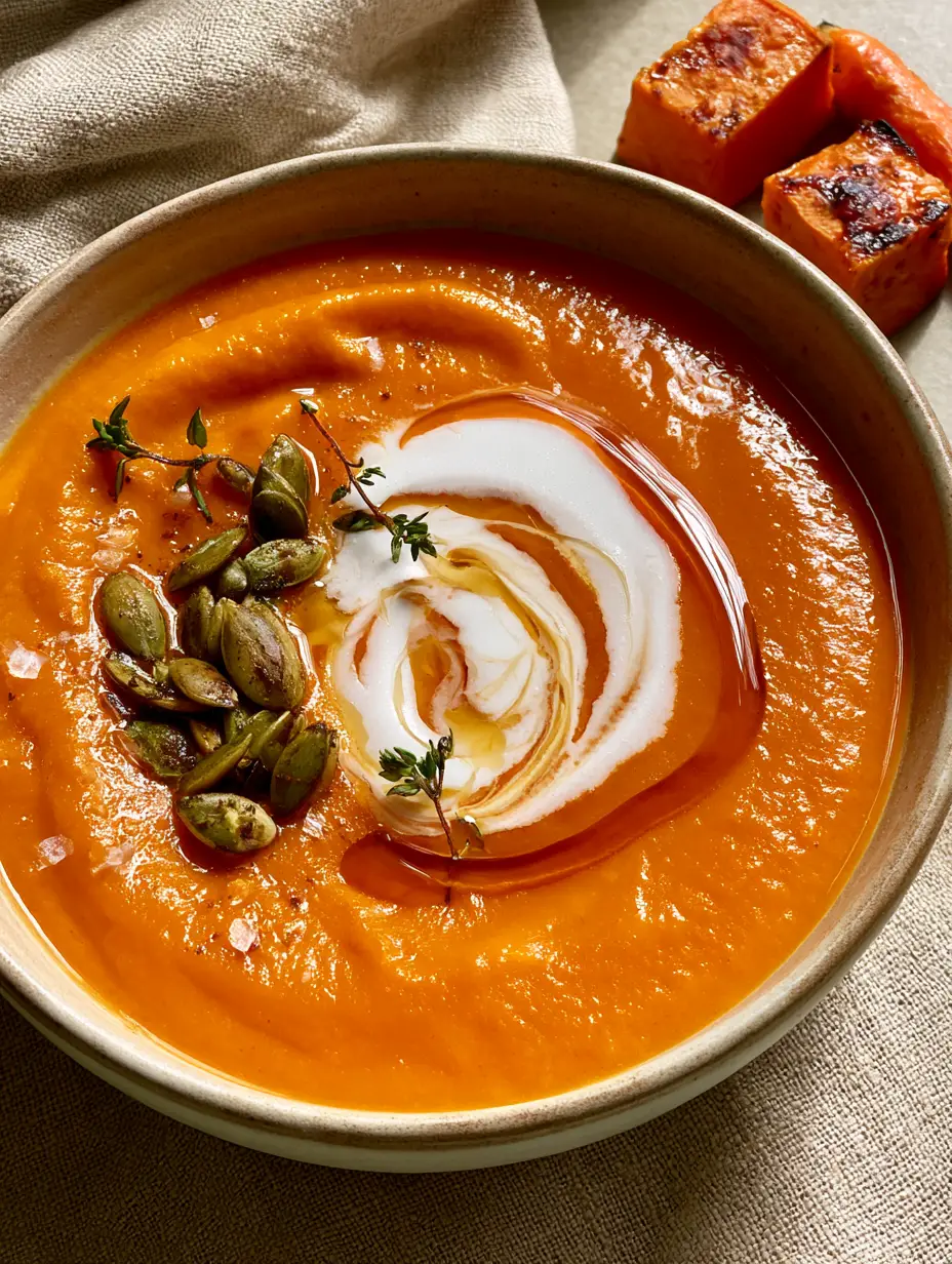 Close-up of a vibrant orange Maple Roasted Sweet Potato Carrot Soup with artistic garnishes and soft morning light.
