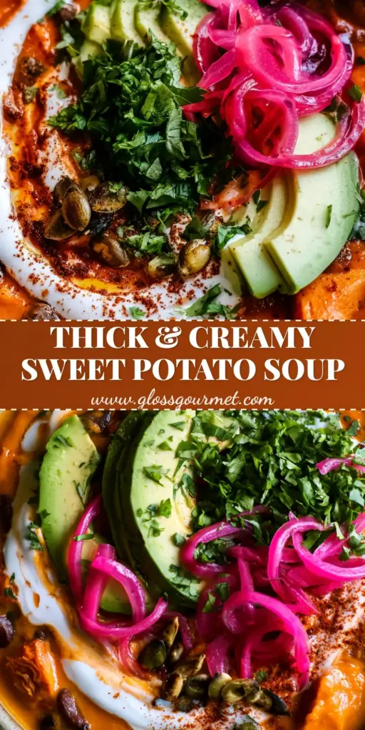A top-down macro shot of a vibrant terracotta Sweet potato and black bean soup with coconut cream and avocado topping.