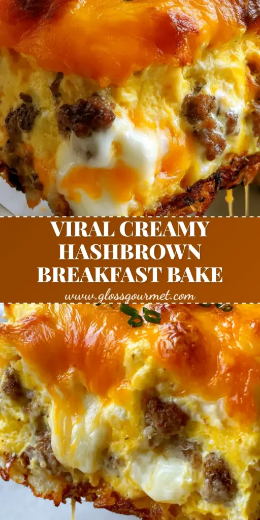 A thick square slice of Sausage Egg and Cream Cheese Hashbrown Casserole being lifted from a white dish, showing a single gooey cheese pull and charred golden cheddar edges.