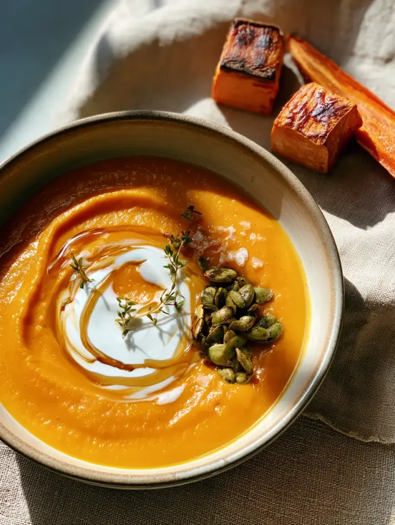 Overhead shot of Maple Roasted Sweet Potato Carrot Soup highlighting the coconut cream swirl and toasted pumpkin seeds.