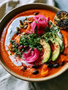 Close-up of velvety roasted Sweet potato and black bean soup showing whole beans and coconut cream swirl.