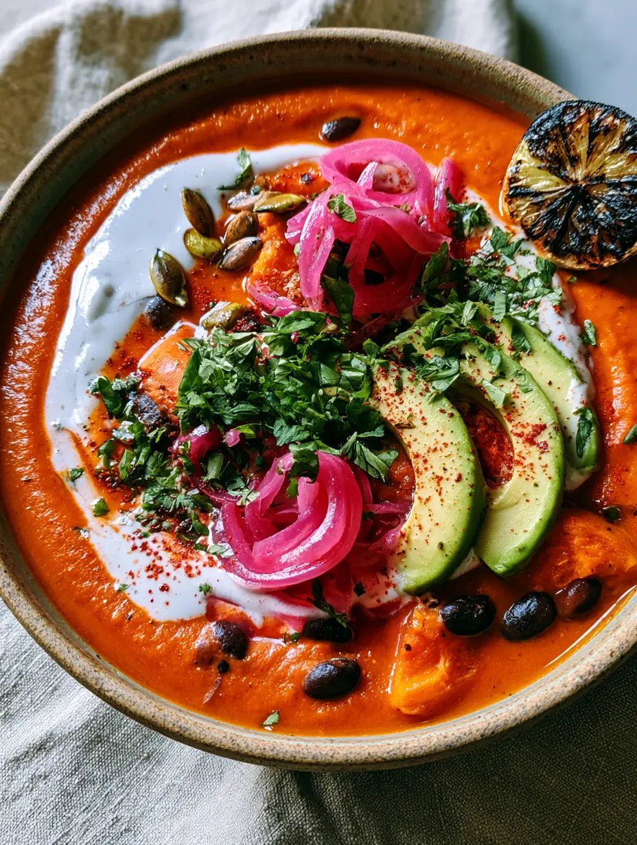 Close-up of velvety roasted Sweet potato and black bean soup showing whole beans and coconut cream swirl.