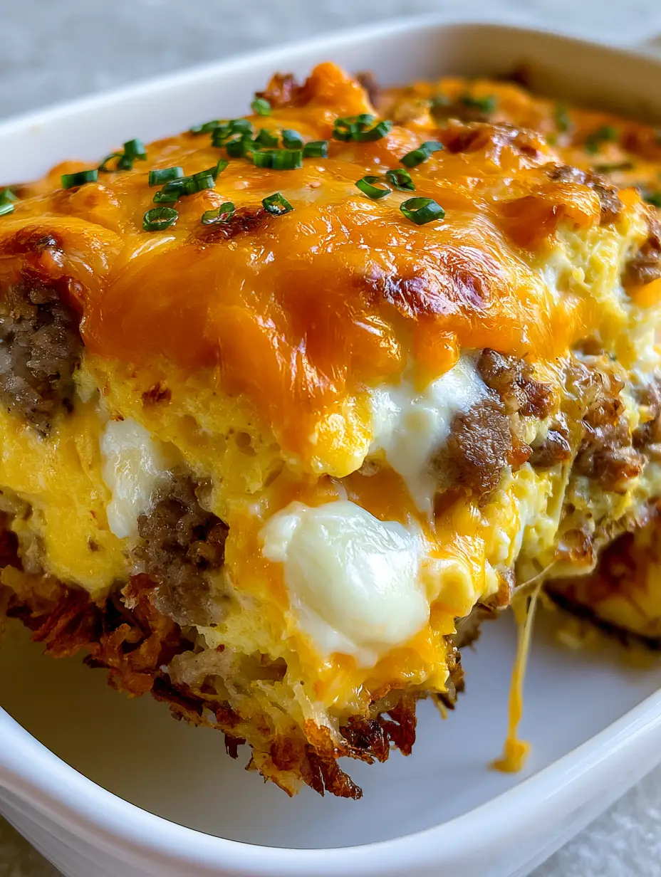 Macro close-up of a breakfast casserole slice showing fluffy yellow eggs marbled with large white cream cheese dollops and crispy hashbrowns. (Sausage Egg and Cream Cheese Hashbrown Casserole)