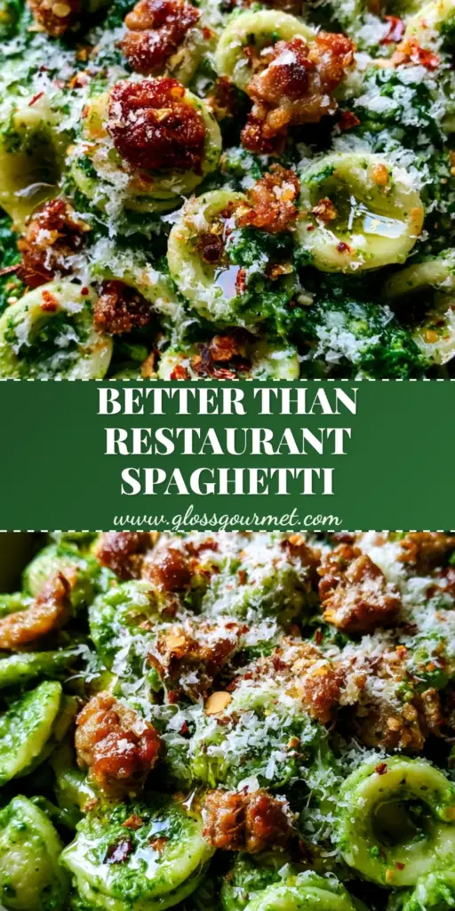 Underrated Italian Dishes: Orecchiette with Emerald Broccoli Rabe Pesto and Spicy Sausage 3 A rustic bowl of Orecchiette pasta coated in emerald green broccoli rabe pesto with crispy sausage and red pepper flakes. (underrated Italian dishes)