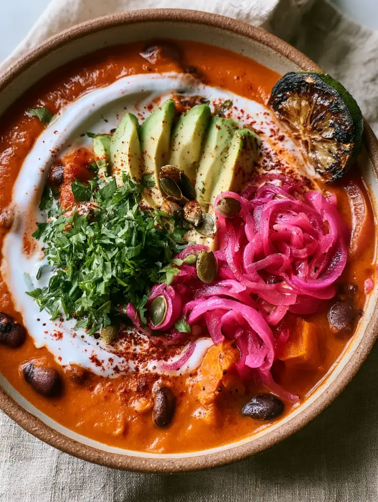 Bowl of Sweet potato and black bean soup garnished with fresh avocado and vibrant pickled red onions.