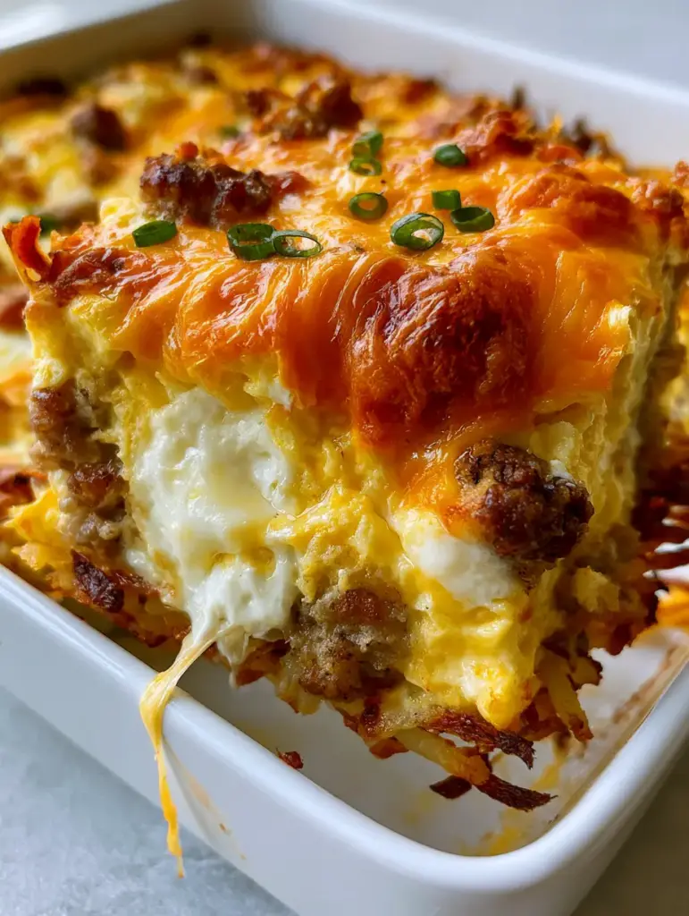 Close-up of bubbling sharp cheddar cheese with deep orange toasted spots and fresh chive garnish on a Sausage Egg and Cream Cheese Hashbrown Casserole.