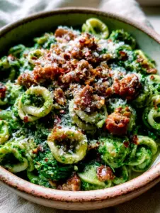Extreme close-up of handmade ceramic bowl with orecchiette and vibrant green pesto. (underrated Italian dishes)