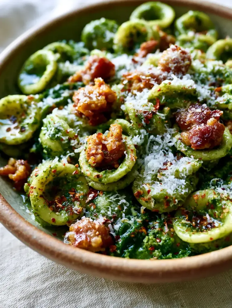 Underrated Italian Dishes: Orecchiette with Emerald Broccoli Rabe Pesto and Spicy Sausage 1 Close-up of crispy browned spicy sausage and snow-white Pecorino cheese on pasta.