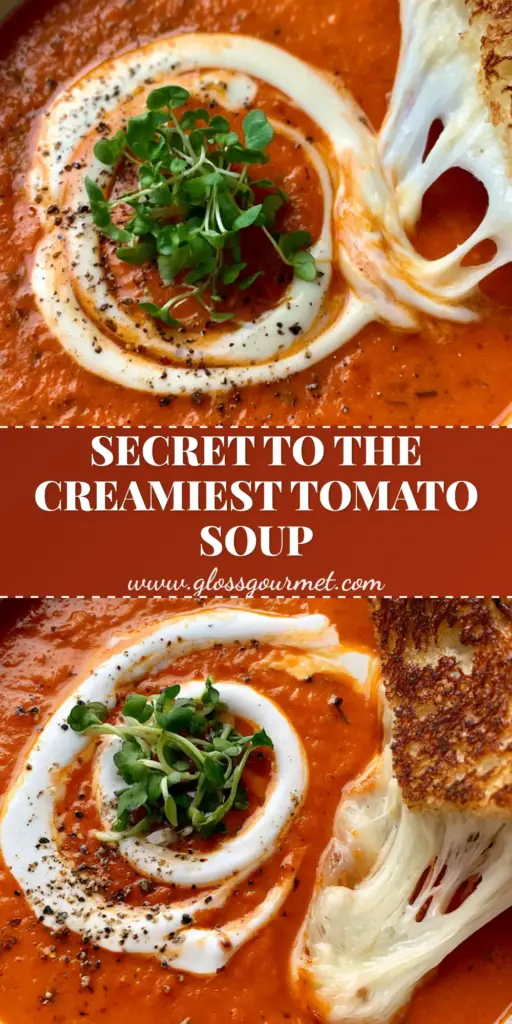 A rustic white bowl of Slow cooker tomato soup with a heavy cream swirl, micro-basil, and a sourdough grilled cheese sandwich with a mozzarella pull. (Slow cooker tomato soup)