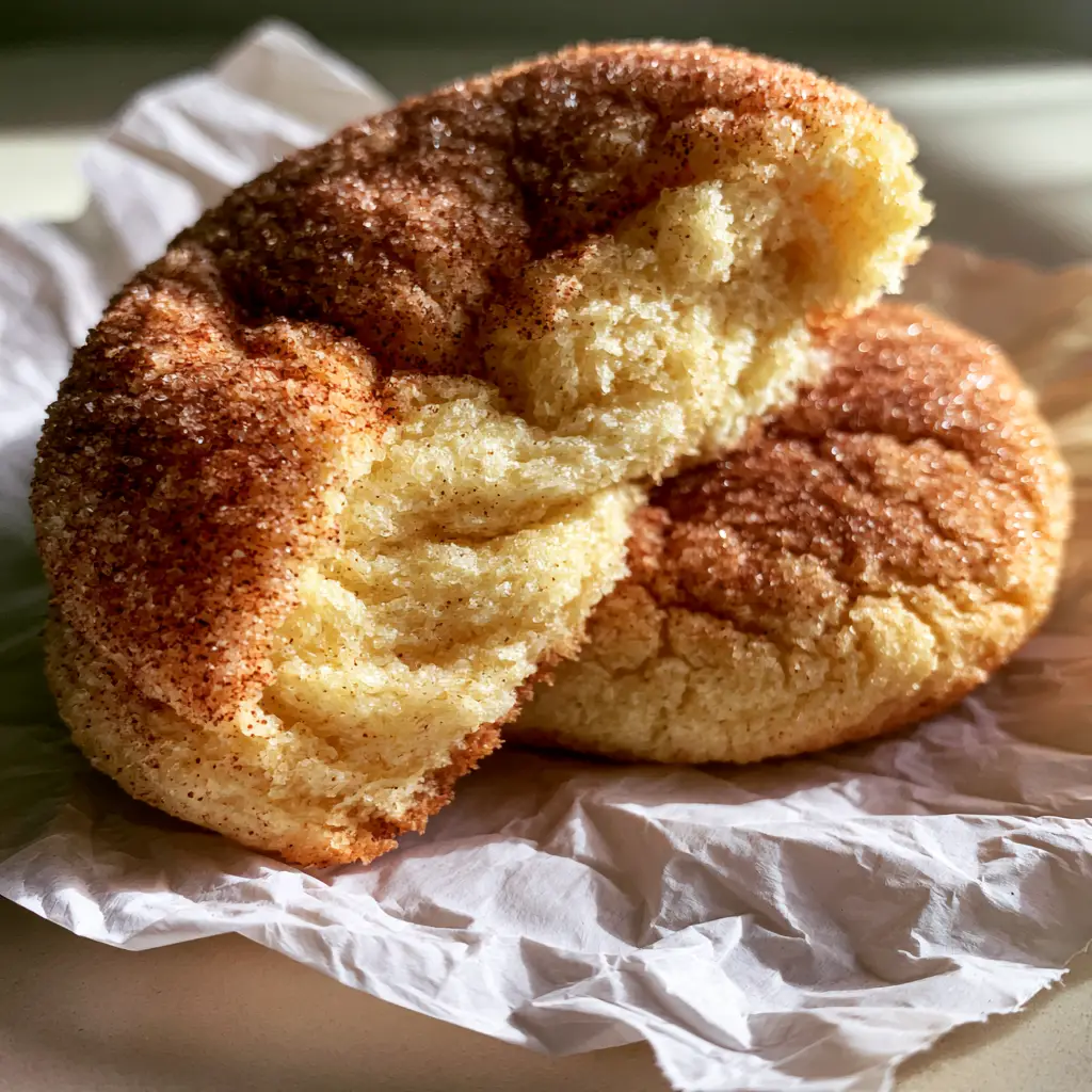 Handheld smartphone photo of a thick Snickerdoodle cookie with a deeply crackled golden-brown crust and glistening sugar grains.