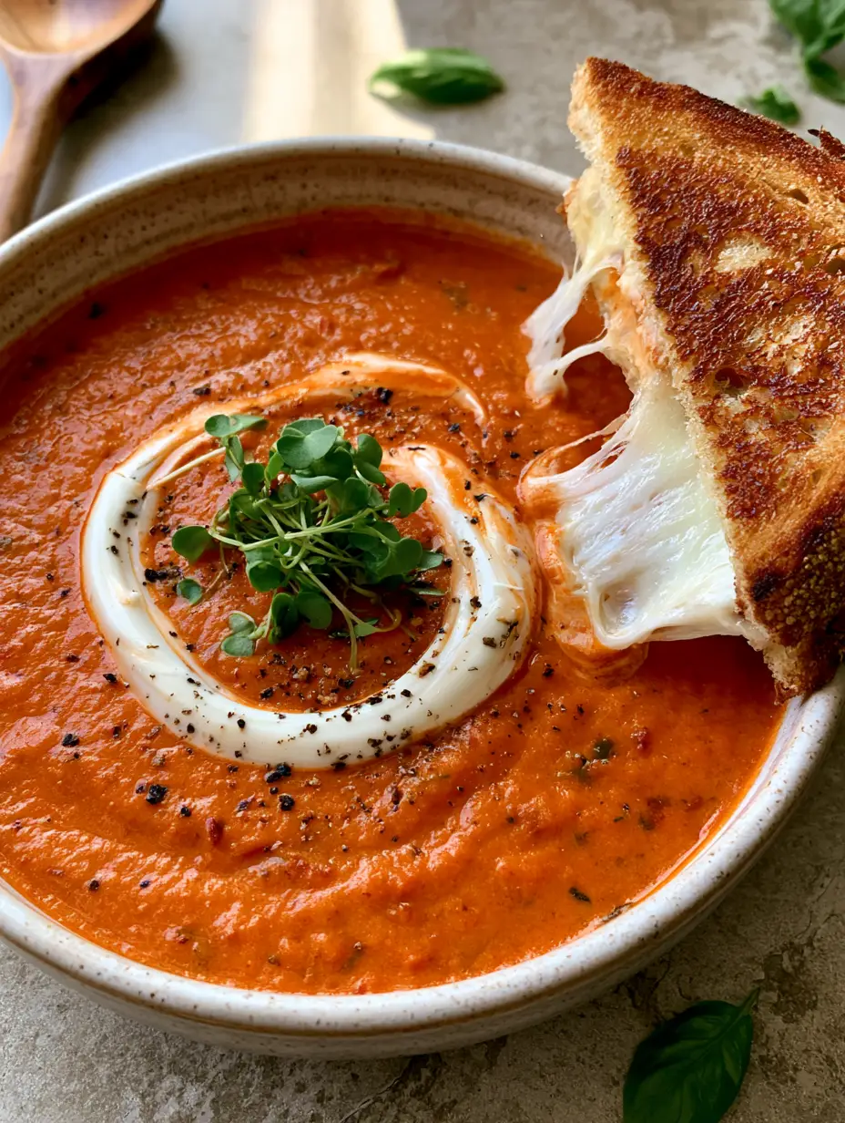 A close-up top-down view of thick, velvet-textured tomato soup in a white ceramic bowl with an artistic cream spiral and cracked black pepper. (Slow cooker tomato soup)