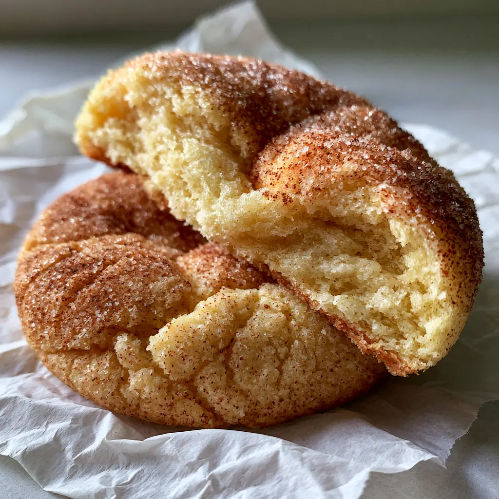 Snickerdoodles Recipe: The Ultimate Soft and Pillowy Cinnamon Sugar Cookies 1 Close up of Snickerdoodles on crumpled white parchment paper showing the double-dusted cinnamon-sugar coating.