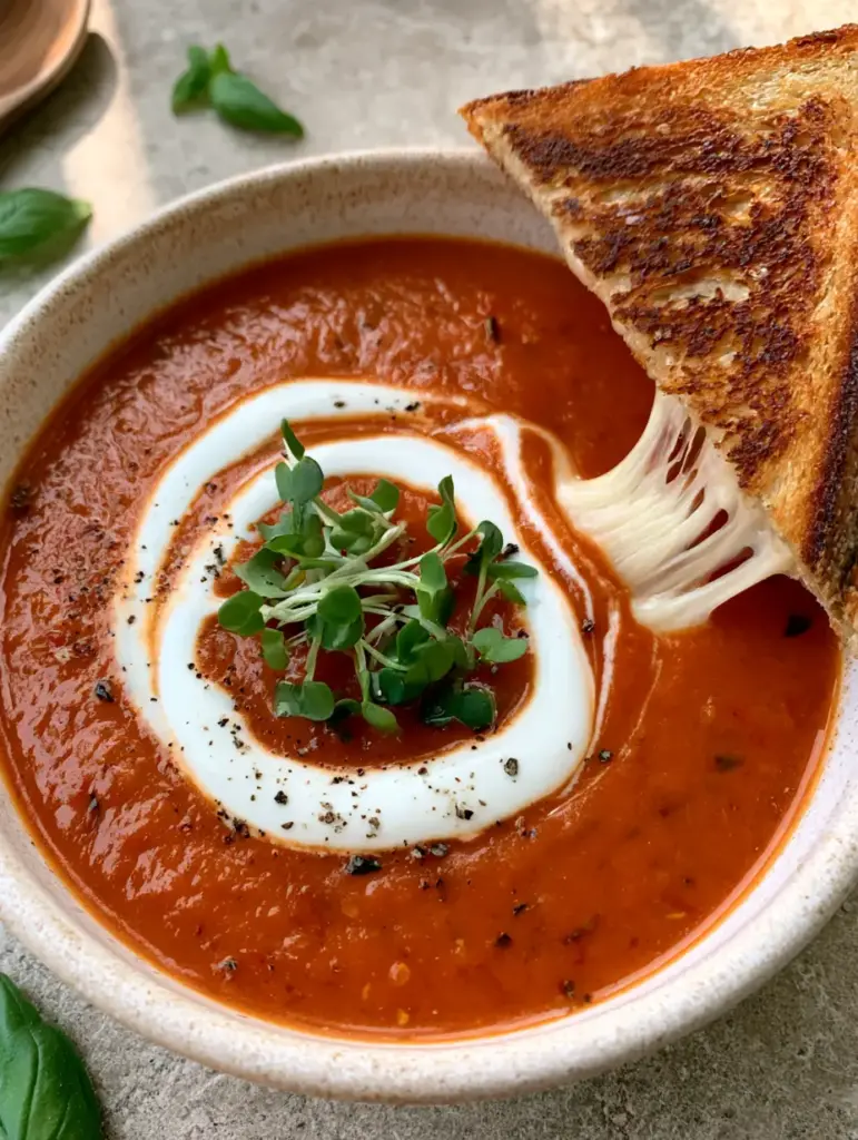 A sourdough grilled cheese sandwich leaning against a bowl of tomato soup, showing a dramatic mozzarella cheese pull.
