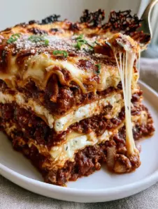 Extreme close-up of lasagna layers showing deep red bolognese and white ricotta ribbons. (lasagna)