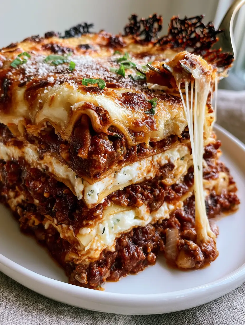 Lasagna with Thick Bolognese and Whipped Ricotta Ribbons 4 Extreme close-up of lasagna layers showing deep red bolognese and white ricotta ribbons. (lasagna)