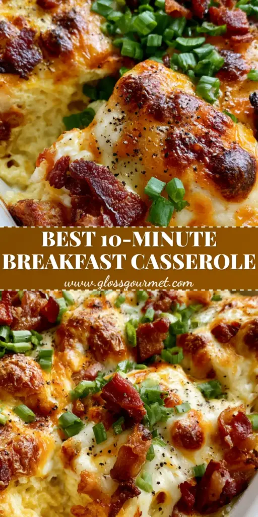 A high-angle smartphone photo of a Bacon Egg and Cheese Breakfast Casserole in a white dish, featuring bubbling blistered cheese, crispy bacon, and scallions with one square lifted showing rising steam.