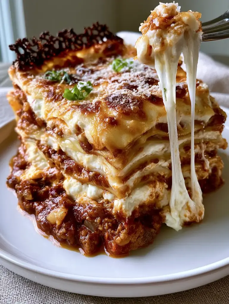 Lasagna with Thick Bolognese and Whipped Ricotta Ribbons 1 Side-profile of lasagna on a white plate with toasted parmesan crust and crispy edges.