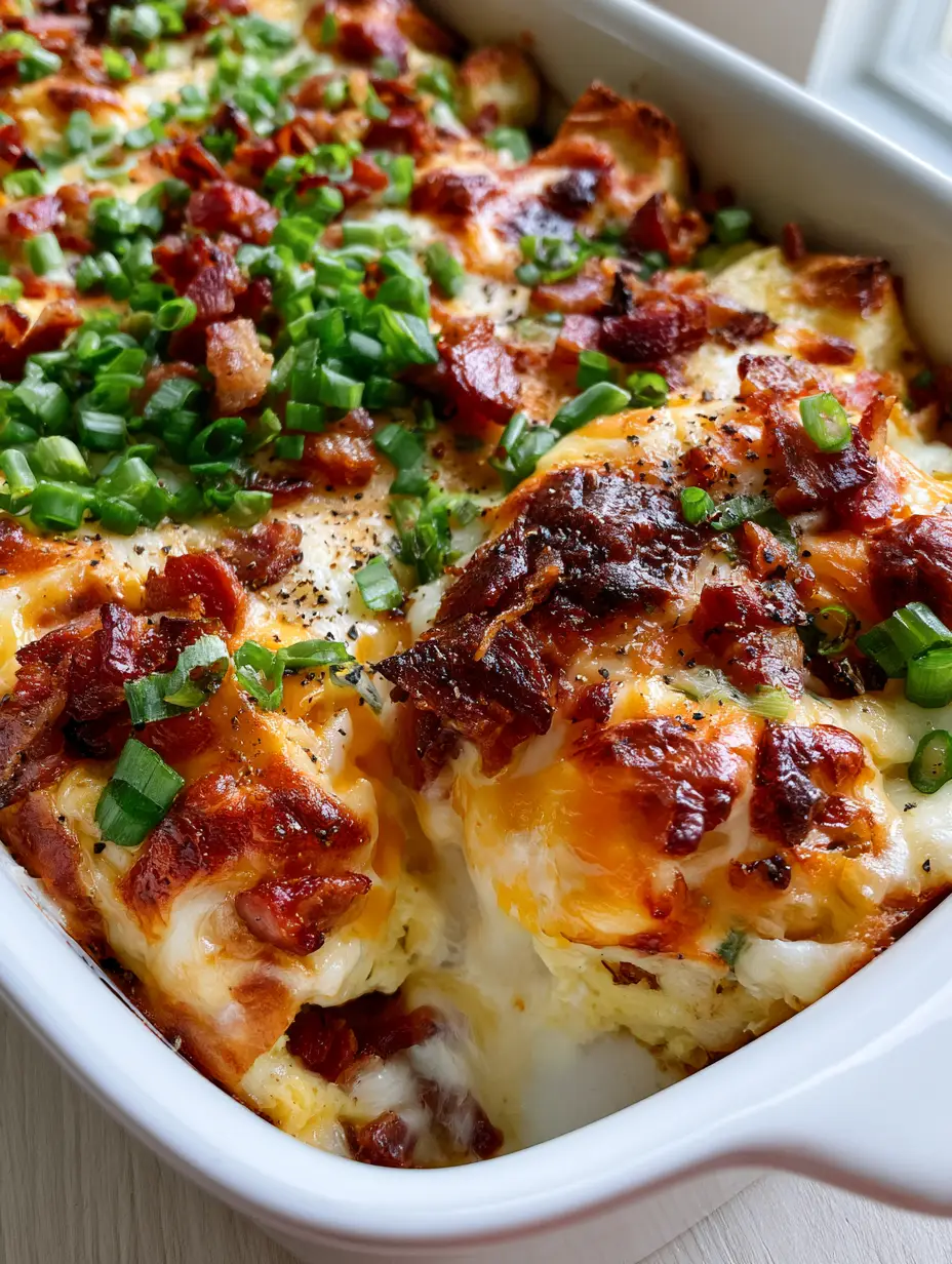 Close-up of golden aerated eggs and toasted sourdough cubes in a Bacon Egg and Cheese Breakfast Casserole.