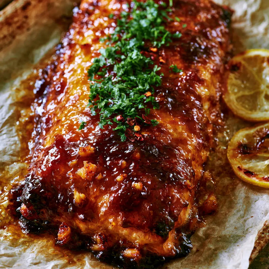 Honey Garlic Baked Salmon: The Ultimate Sticky, Caramelized Masterpiece 1 Top-down view of Atlantic salmon with charred lemon slices and red chili flakes on a rustic sheet pan. (Honey Garlic Baked Salmon)