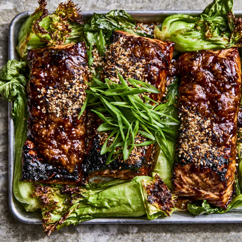 Top-down view of three large Atlantic salmon fillets and vibrant green baby bok choy on a parchment-lined baking sheet.