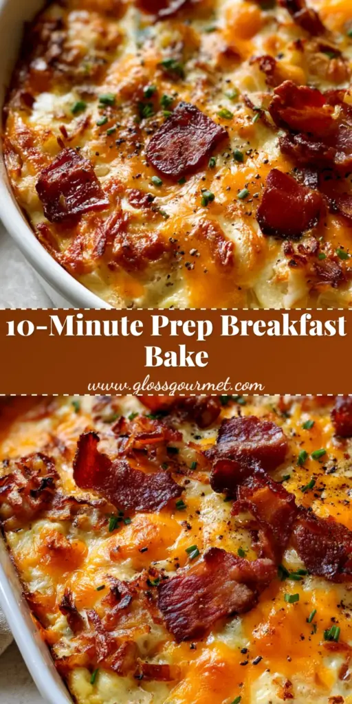 Bacon Egg and Hash Brown Casserole: The Ultimate Crispy Brunch 3 A gourmet bacon egg and hash brown casserole in a white dish with crispy bacon, melted cheddar cheese, and fresh chives.